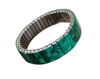 Unsigned Beauty Green Mottled Malachite Veneer Expansion Bracelet 1960’s 1970’s Silver Tone Metal