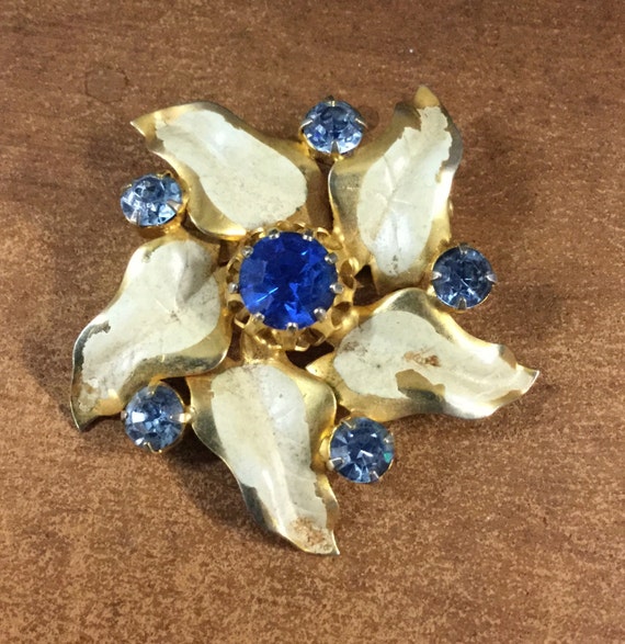 Snowy Blue Rhinestone and Painted Gold Tone Metal… - image 1