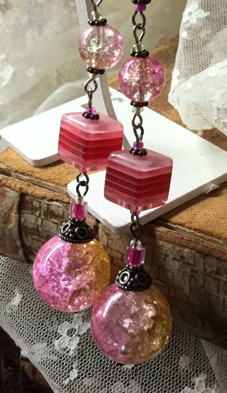 Pink Gold Speckled Glass Striped Furnace Glass Bead Earrings Very Long
