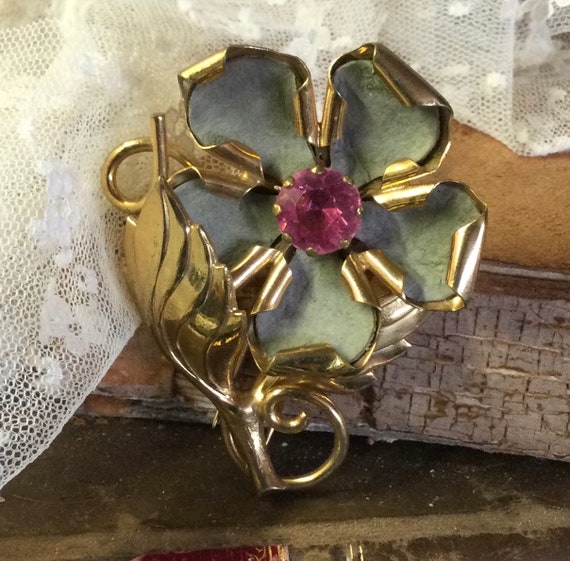 Lovely Green Felt Pink Rhinestone Gold Tone Flowe… - image 5