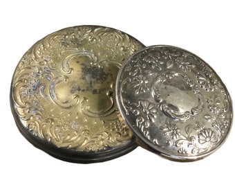 Old Weathered Plus Shiny Bright Lot of Two 2 Vintage Round Pocket Purse Mirrors Unsigned 1940’s 1950’s Silver Tone Metal Tarnished