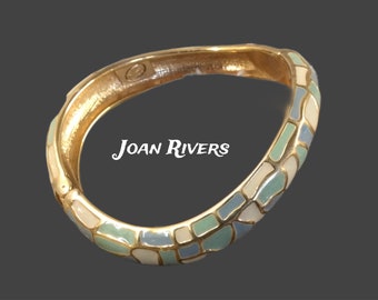 Signed JOAN RIVERS Pastel Blue Green Cream Enamel Wavy Shape Hinged Bracelet 1980’s 1990’s Gold Tone