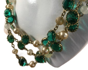 Stunning Blue Green Fancy Bezel Set Crystal Faux Pearl Bead Flapper Necklace Unsigned 1930’s 1940’s