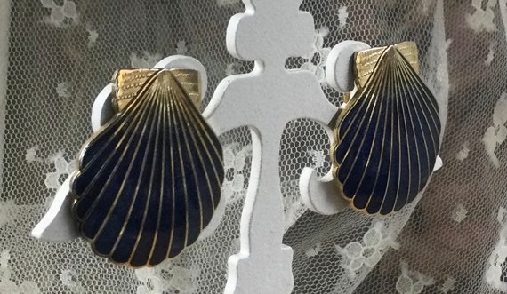Dark Blue Seashell Scallop Shell Earrings Unsigne… - image 4