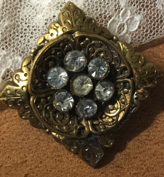 Smaller Art Deco Clear Rhinestone Gold Tone Stamped Metal Square