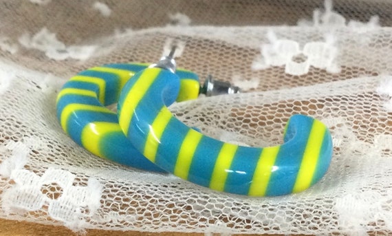 Bright Yellow Ocean Blue Striped Lucite Half Hoop… - image 6