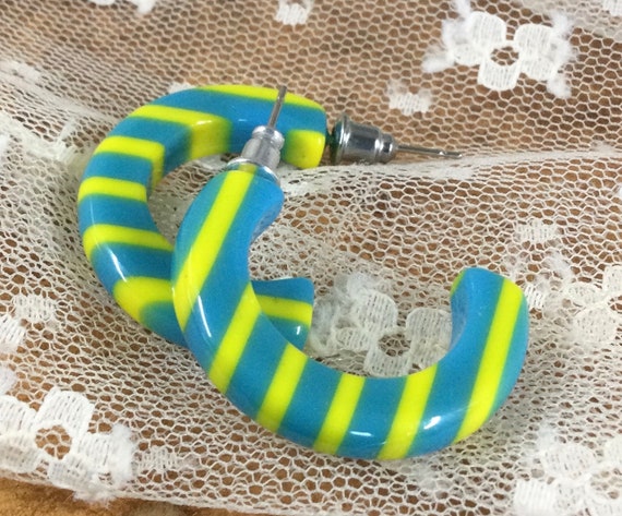 Bright Yellow Ocean Blue Striped Lucite Half Hoop… - image 5