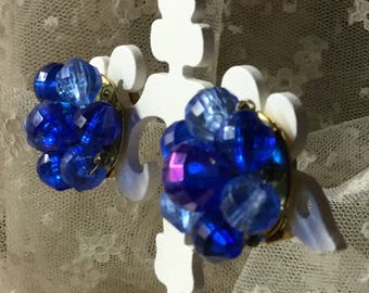 Signed Hong Kong Cobalt Royal Blue Clustered Bead Earrings