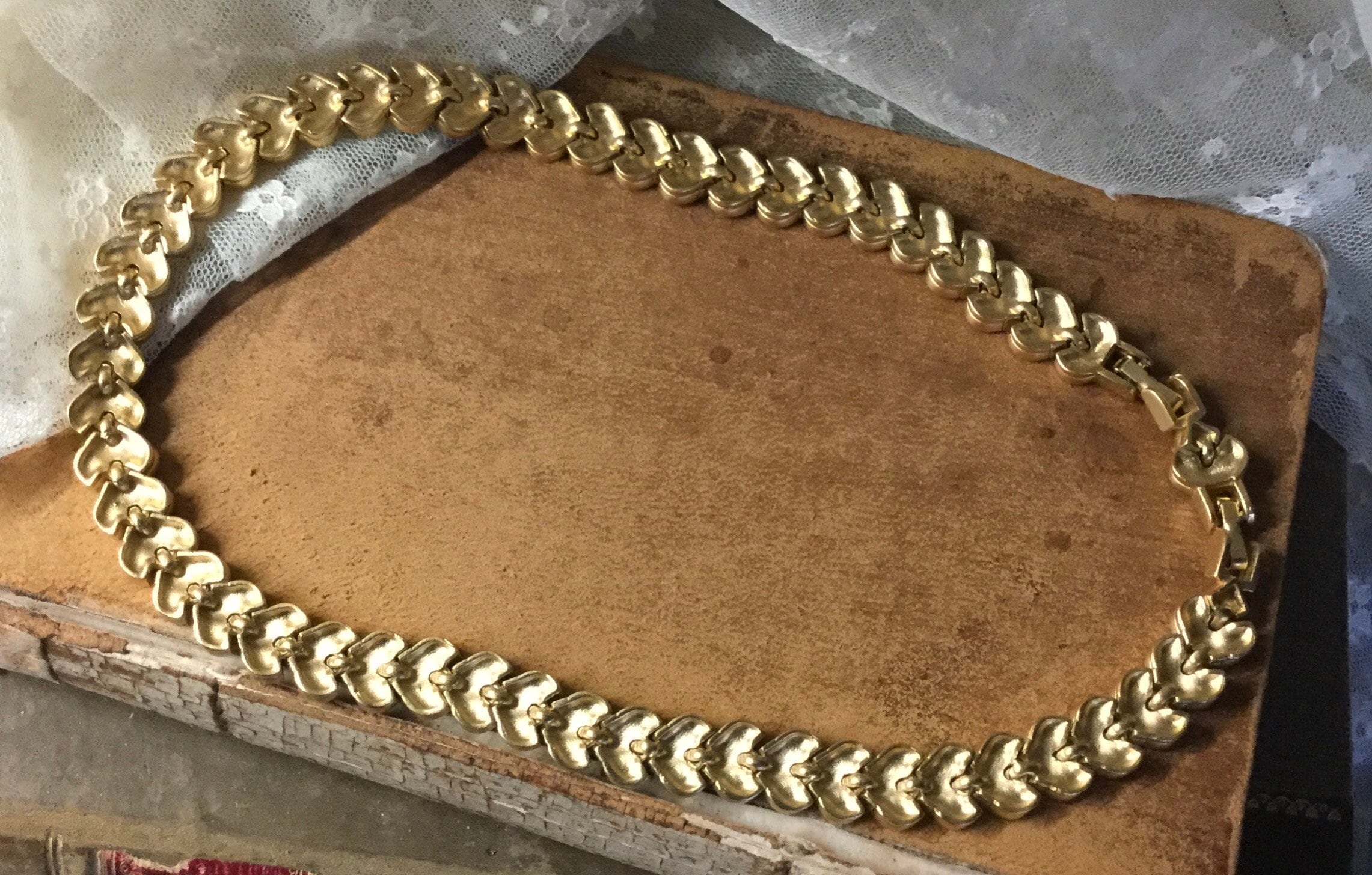 Clear Rhinestone Studded Gold Tone Fancy Chain Choker
