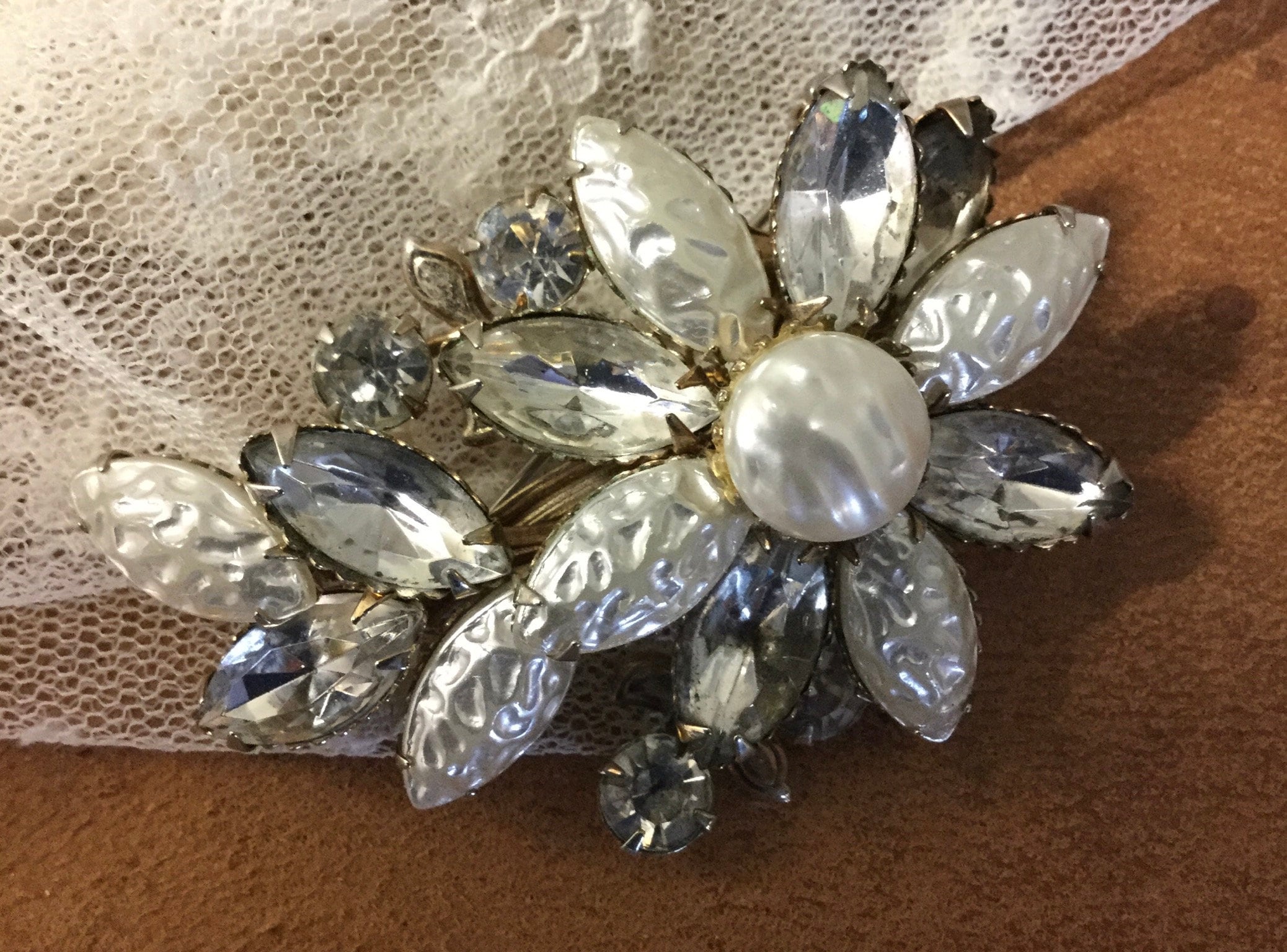 Signed Cathe Clear White Fancy Rhinestone Flower Brooch Pin