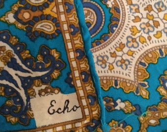 Signed Echo Blue White Brown Paisley Patterned Women’s Polyester Scarf 1950’s 1960’s