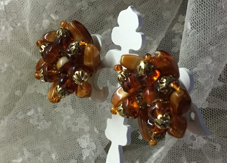 Clustered Caramel Brown Glass Bead Earrings Unsigned image 1