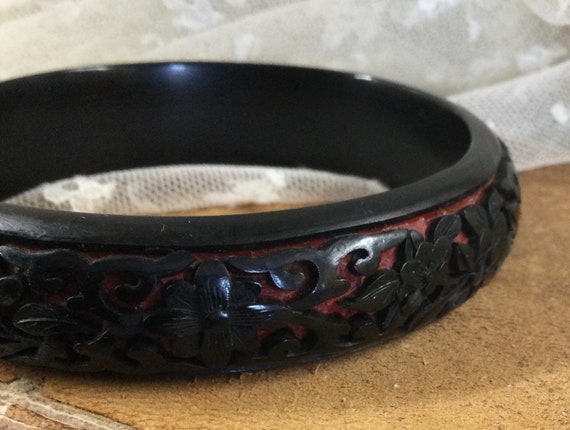 Chinese Carved Black Carbon Red Cinnabar Lacquer … - image 3