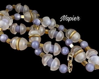 Signed NAPIER Crystal Ice 1984 Mauve Frosted White Lucite Bead Chain Strung Single Strand Necklace Book Piece Lisa Bertolli