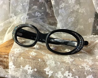 Adorned Made in France Black Plastic Glasses Frames AB Rhinestones AP