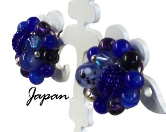 Signed JAPAN Cobalt Blue Glass Lucite Bead Clustered Earrings Clip On 1940’s 1950’s Eye Catching