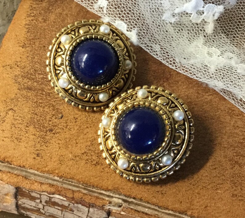 Signed Vendome Faux Lapis Faux Pearl Gold Tone Dome Earrings
