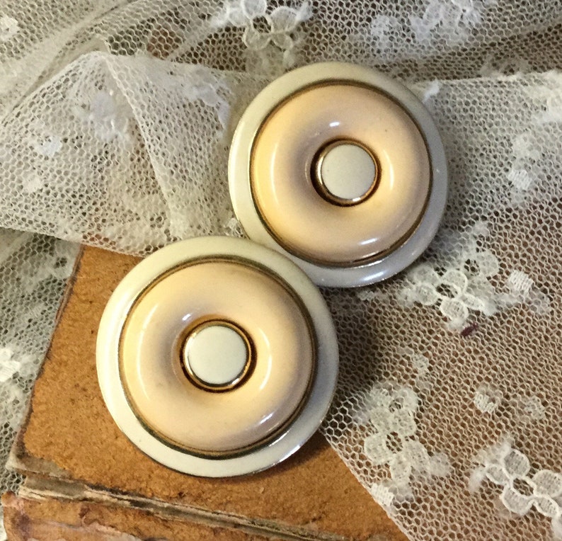 Tone On Tone White Enamel Button Domed Earrings Unsigned Clip On