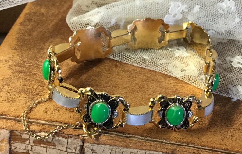 Bright Green Faux Damascene Lucite Link Bracelet Unsigned