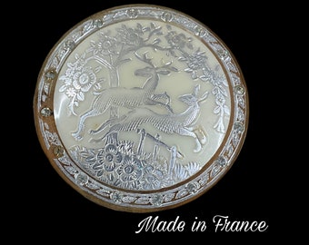 Signed MADE IN FRANCE Clear Rhinestone White Celluloid Stag and Doe Round Disk Shaped Brooch 1920’s 1930’s Trombone Clasp