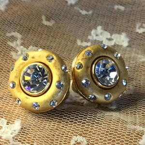 Modernist Brutalist Clear Rhinestone Studded Brushed Gold Tone Metal Earrings