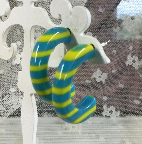 Bright Yellow Ocean Blue Striped Lucite Half Hoop… - image 2