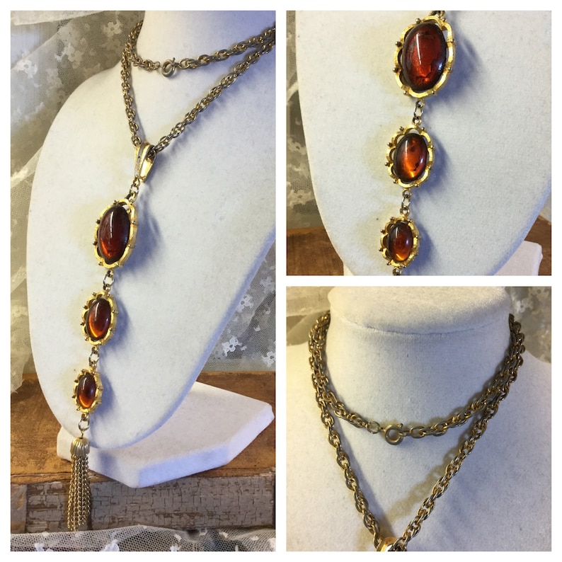 Three Tiered Faux Amber Lucite Gold Tone Metal Chain Y Necklace