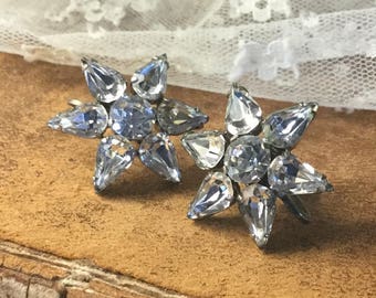 Signed STERLING Crystal Rhinestone Star Earrings 1940's 1950's