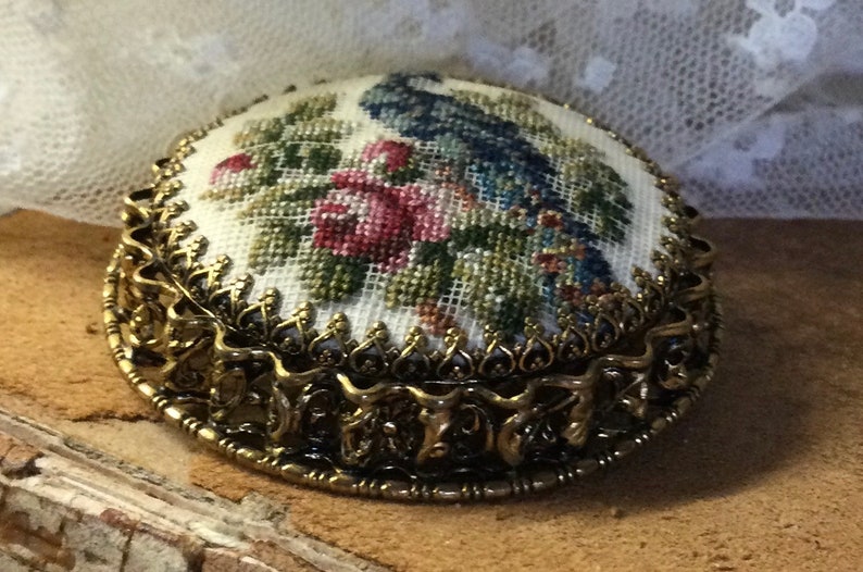 Elegantly Detailed Blue Peacock Red Roses Needlepoint Gold Tone Brooch Pin Unsigned 1920s 1930s image 3