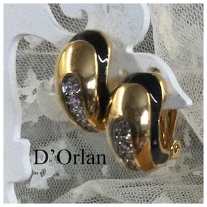 サイン入り D’ORLAN クリア ラインストーン ブラック エナメル ゴールドトーン ハーフフープ イヤリング ピアス 1970 年代 1980 年代
