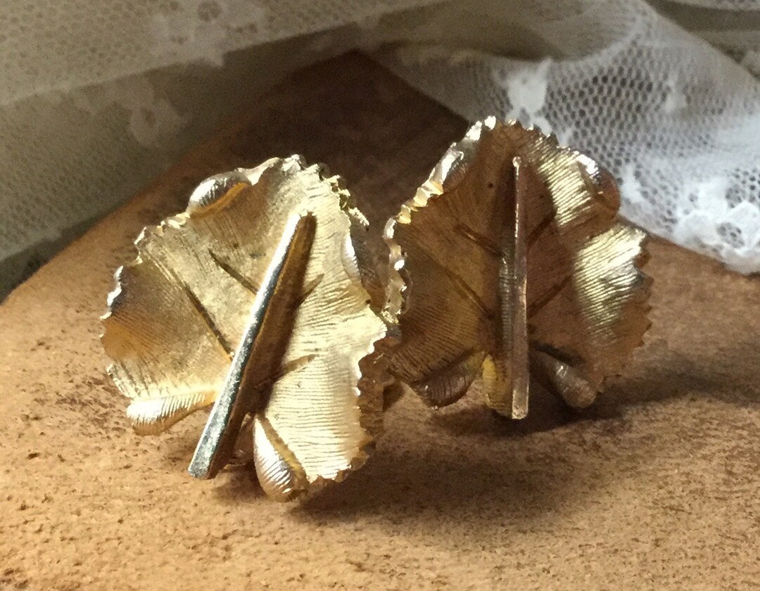 80’s Gold Tone Enamel Leaf Statement Earrings by Afterthoughts