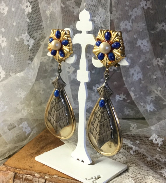 Ornate Dangle Earrings, Bronze-Tone & Enamel Large 1980s Earrings Clip-On or Pie