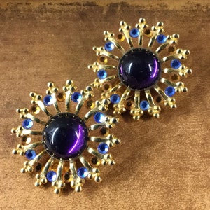 Sunburst Rhinestone Glass Cabochon Earrings Clip On Unsigned