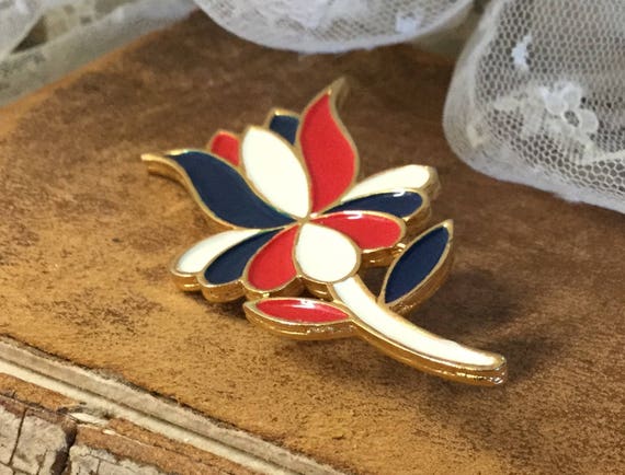 Red White Blue Enamel Flower Brooch Pin Unsigned … - image 2