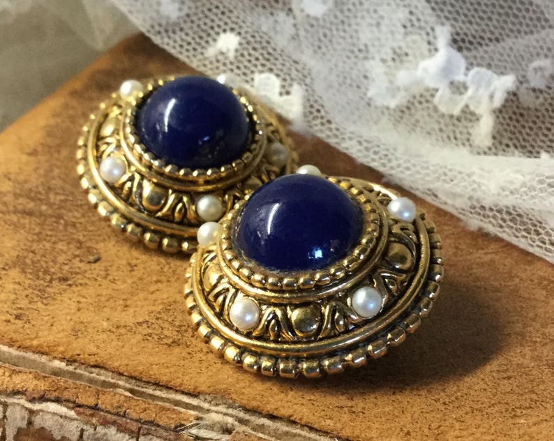 Signed Vendome Faux Lapis Faux Pearl Gold Tone Dome Earrings
