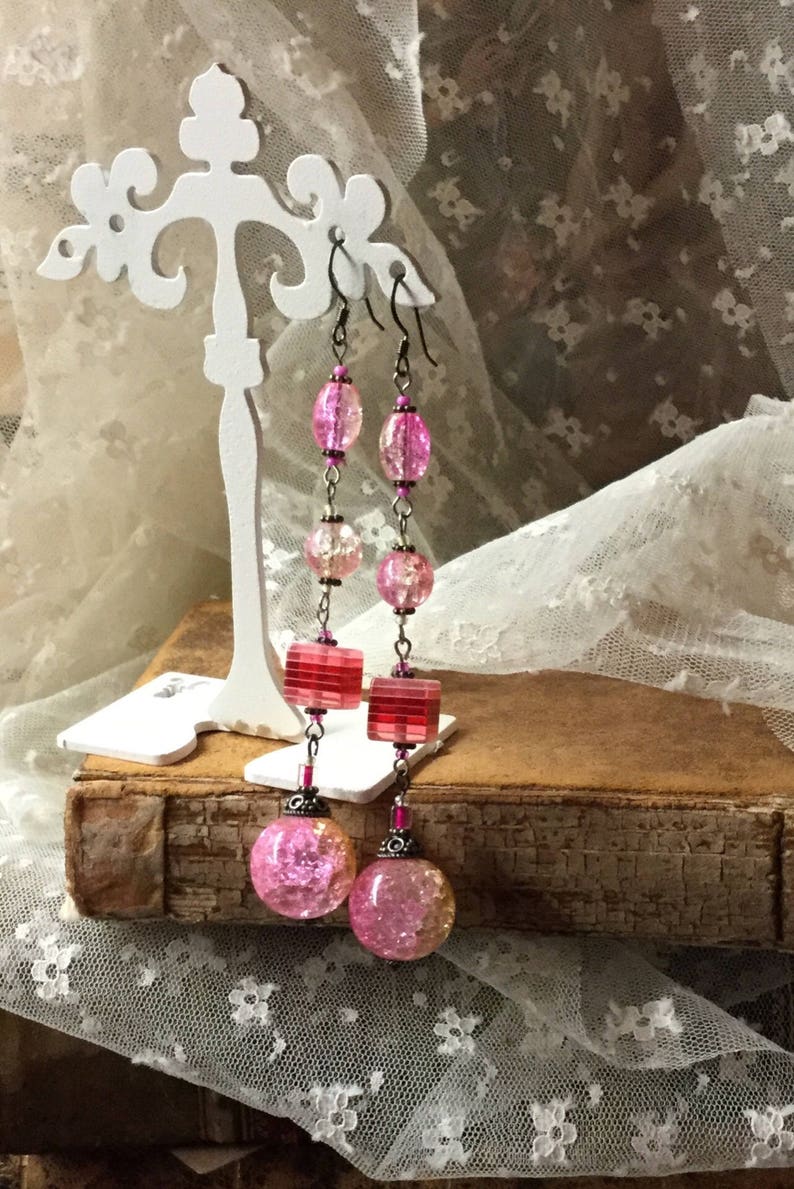 Pink Gold Speckled Glass Striped Furnace Glass Bead Earrings Very Long