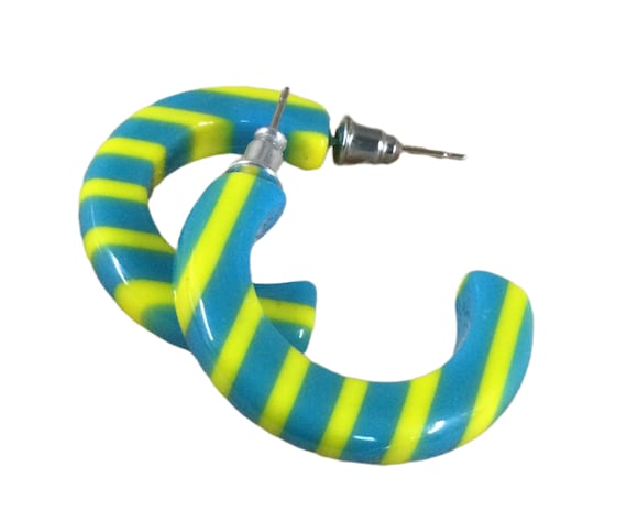 Bright Yellow Ocean Blue Striped Lucite Half Hoop… - image 1