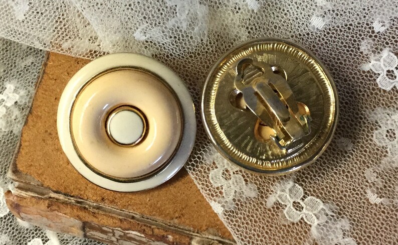 Tone On Tone White Enamel Button Domed Earrings Unsigned Clip On