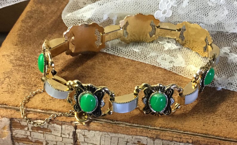 Bright Green Faux Damascene Lucite Link Bracelet Unsigned