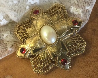 Faux Pearl Ruby Red Cabochon Cross Shaped Gold Tone Brooch Pin Unsigned  1970’s 1980’S