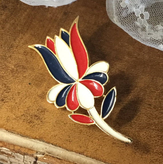 Red White Blue Enamel Flower Brooch Pin Unsigned … - image 1