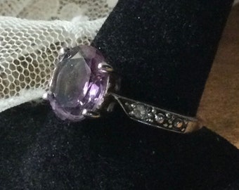 Signed 925 Amethyst Clear Cubic Zirconia Sterling Silver Solitaire Ring Size 7 1/2 Slim Band