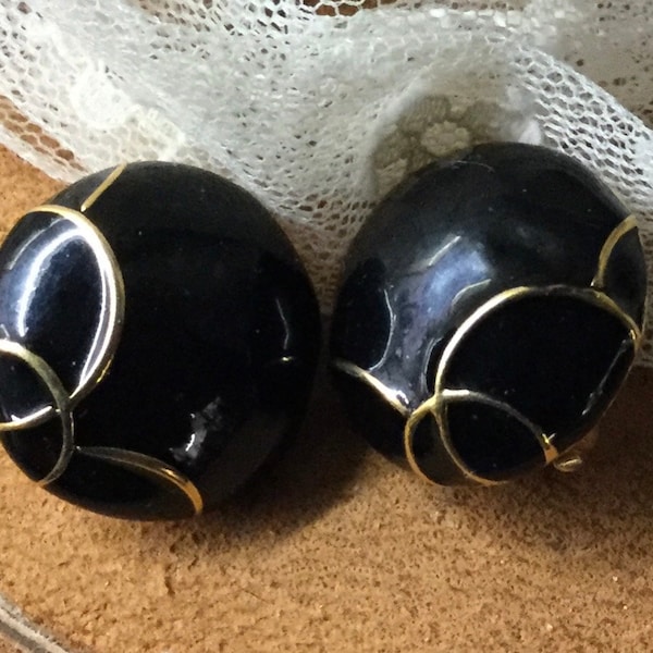 Signed H A VENDOME  Black Gold Enamel Button Dome Earrings Clip On 1960’s 1970’s