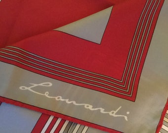 Signed Leonardi Red Gray Geometric Patterned Polyester Scarf 1960’s 1970’s