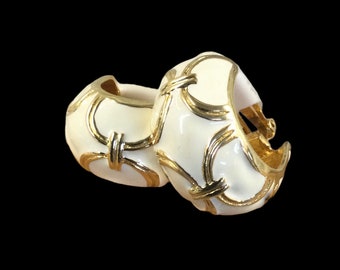 Fantastic Large Chunky Cream Off White Enamel Gold Tone Haute Couture Styled Half Hoop Earrings Unsigned Clip On 1980’s