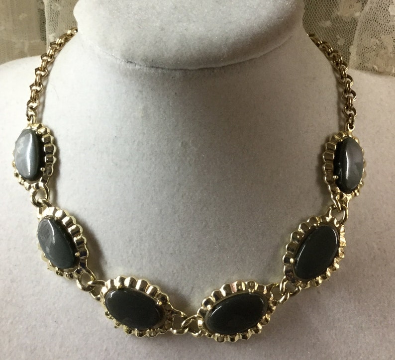 Signed Coro Black Gray Thermoset Choker Necklace 1950\u2019s