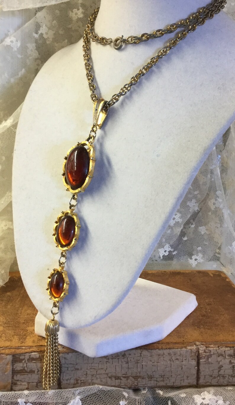 Three Tiered Faux Amber Lucite Gold Tone Metal Chain Y Necklace
