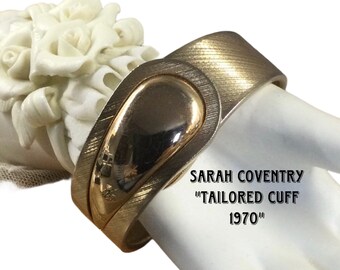 Signed SARAH COVENTRY Tailored Cuff 1970 Brushed Shiny Gold Tone Hinged Cuiff Bracelet