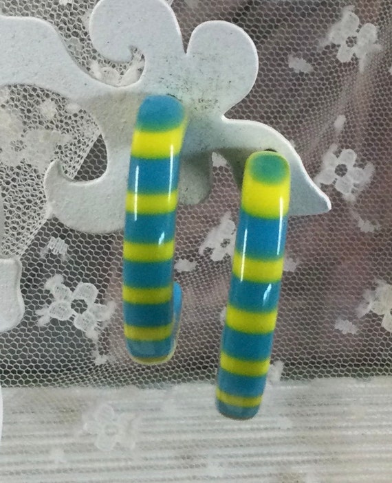 Bright Yellow Ocean Blue Striped Lucite Half Hoop… - image 3