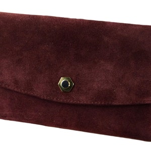 Luscious Burgundy Suede Women’s Bill and Coin Purse Wallet Unsigned No Label 1950’s 1960’s No Credit Card Slots Gold Tone Metal